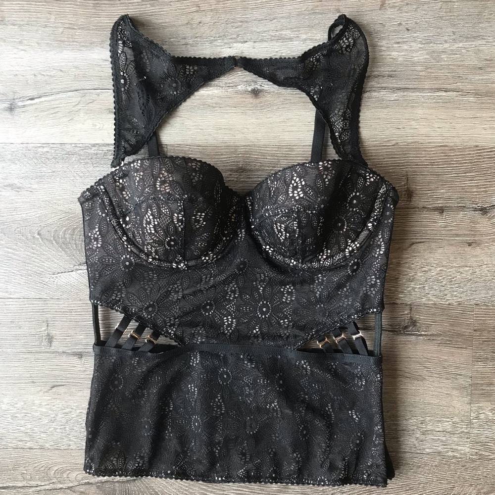 Victoria’s Secret High Neck Black Lace Bustier Corset Lingerie Top, Size 32B